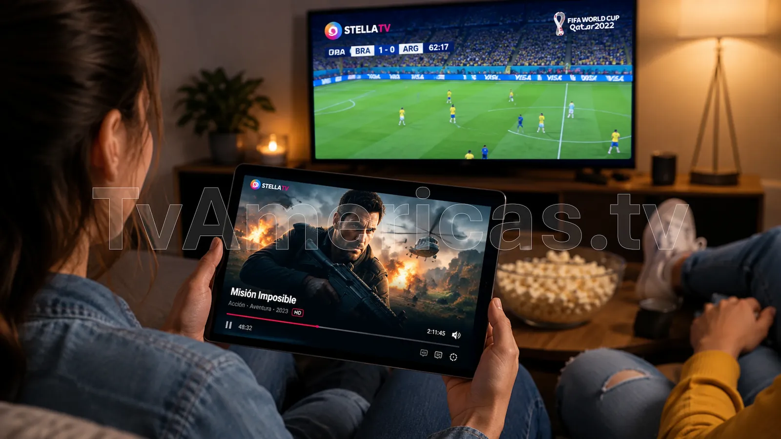 Mujer viendo una película en la tablet mientras el televisor pasa un partido